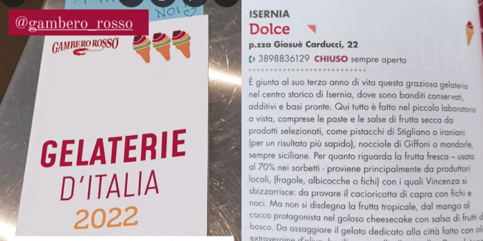 La gelateria Dolce sulla guida Gambero Rosso (foto Instagram)